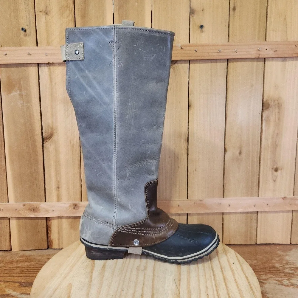 Sorel Slimpack Tall Equestrian Riding Boots Womens 8.5 Gray Leather Knee High